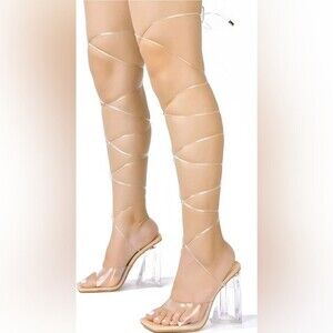 Cape Robbin Swag Nude Chunky Heels, Transparent Lace Up, Square Open Toe, Sz 11